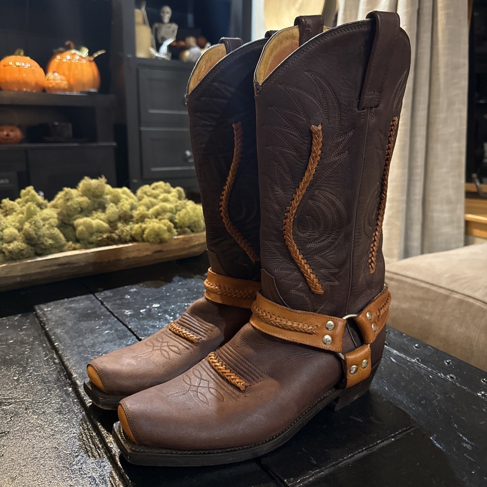 RUDEL Mens Harness Cowboy Boots Sz 10.5 E Leather Two-tone Wingtip Braiding RARE